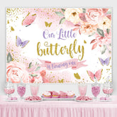 Toile de fond du 1er anniversaire de paillettes florales et papillons roses